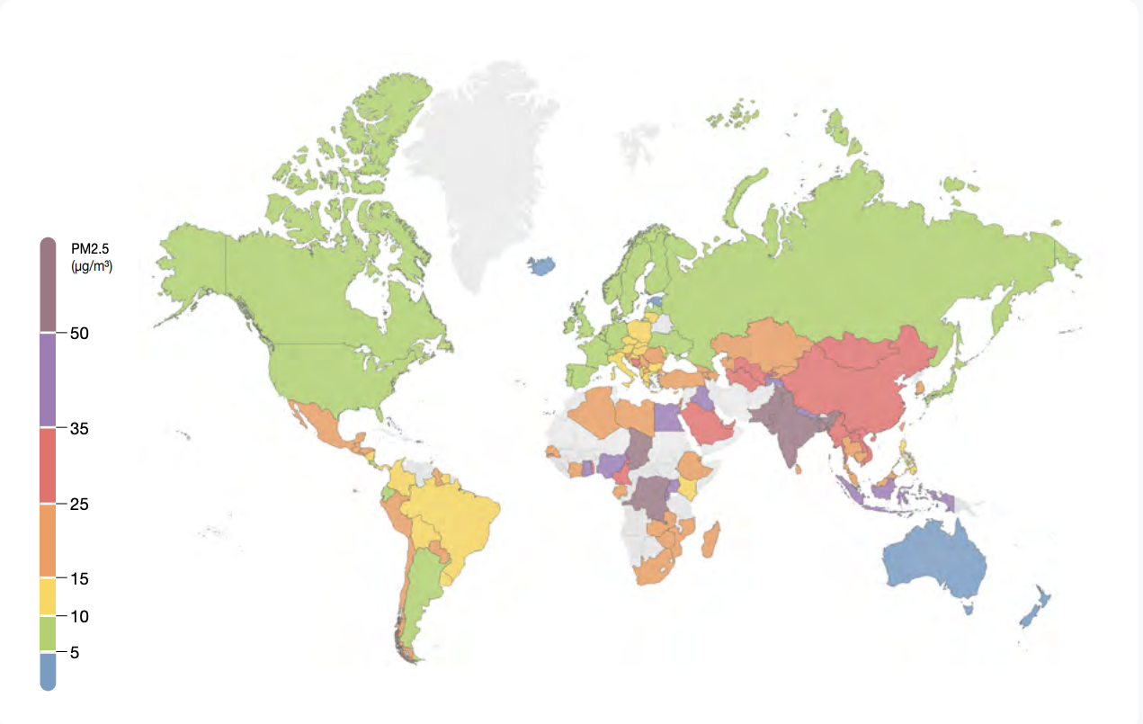 Annual average PM2.5 concentrations across the world